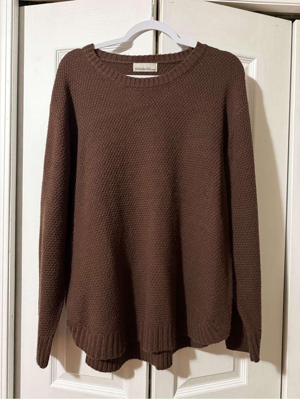 Zenana Chocolate Brown Waffle Crewneck Sweater - 1X/2x